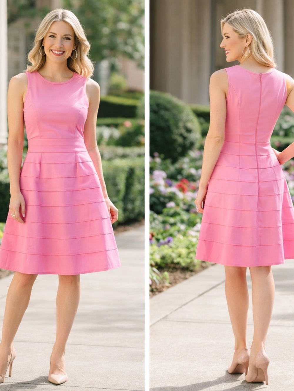 Ann Taylor Pink Fit Flare Dress SZ 8 Sleeveless Pleated A-Line Knee Length Lined - Picture 2 of 8